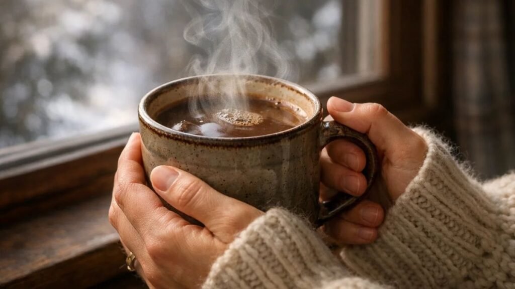 “Hands holding a steaming mug of bone broth hot chocolate near a window, cozy winter scene.”