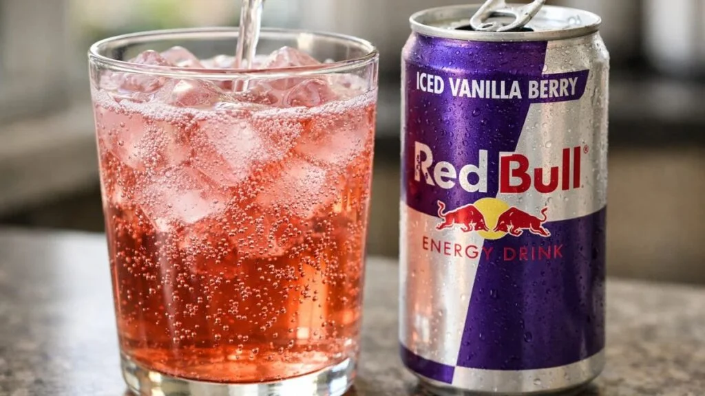 Iced Vanilla Berry Red Bull poured over ice in a glass