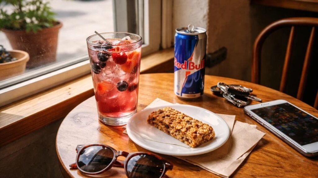 Iced Vanilla Berry Red Bull served over ice at a café table