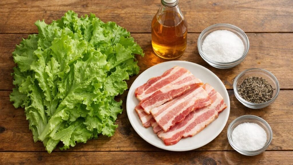 Ingredients for classic wilted lettuce recipe including bacon, vinegar, and leaf lettuce