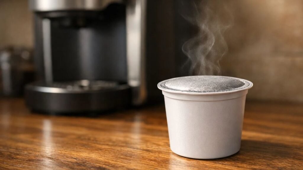 Close-up of Keurig coffee pod near brewer highlighting safety concerns during brewing