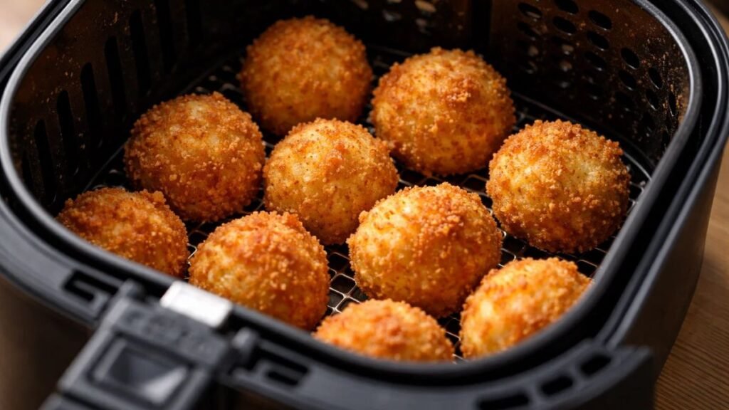 Mozzarella cheese balls cooking inside an air fryer basket