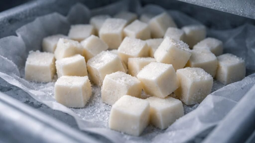 Mozzarella cheese cubes chilling in the freezer before frying