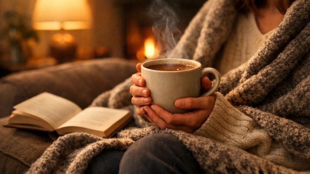 “Person enjoying a mug of bone broth hot chocolate at night, cozy living room scene.”