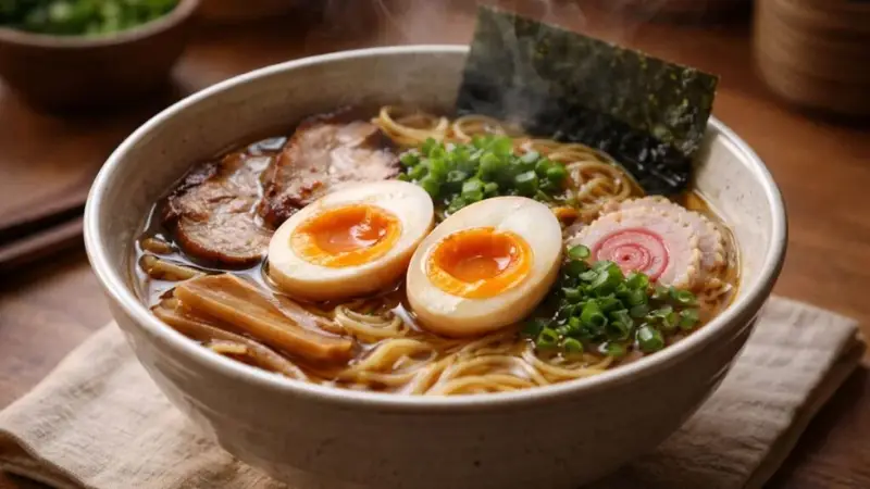 Ramen bowl topped with jammy soy sauce eggs sliced in half