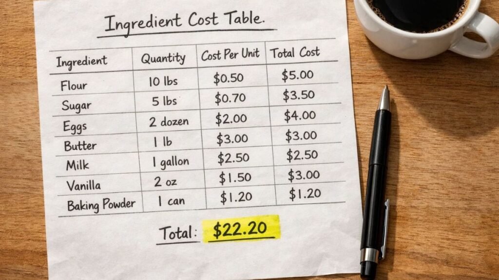 “Recipe cost breakdown showing ingredient totals and cost per serving”