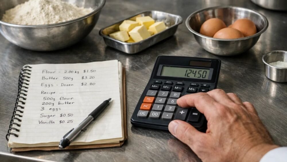 Recipe cost calculator showing ingredient prices and total food cost in a real kitchen setting