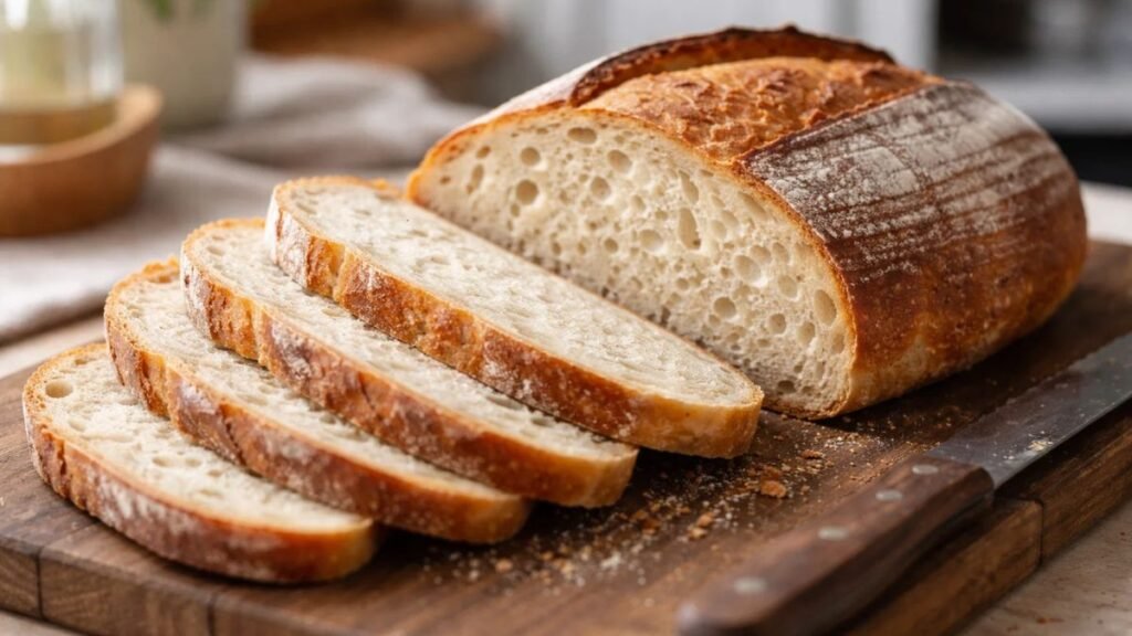 Sliced sourdough bread showing soft crumb made in a bread machine