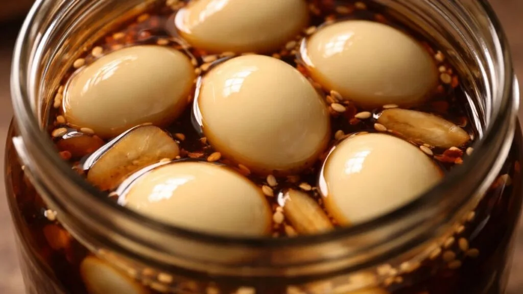 Soy sauce eggs marinating in a glass jar with garlic and ginger