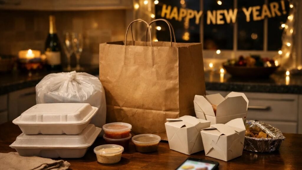 Takeout food ordered on New Year’s Eve at home