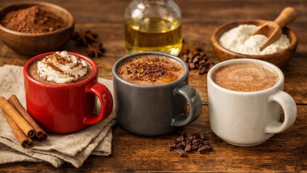 “Three variations of bone broth hot chocolate: sweet with cinnamon, keto with MCT oil, and collagen-only paleo version.”