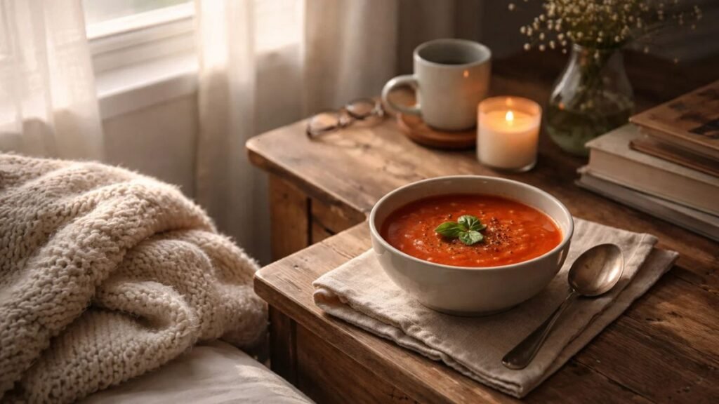 Tomato soup served during illness for hydration and comfort