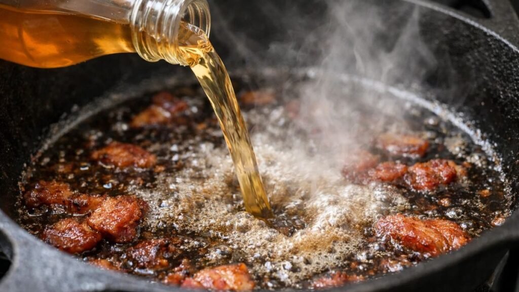 Warm bacon dressing made with vinegar for traditional wilted lettuce