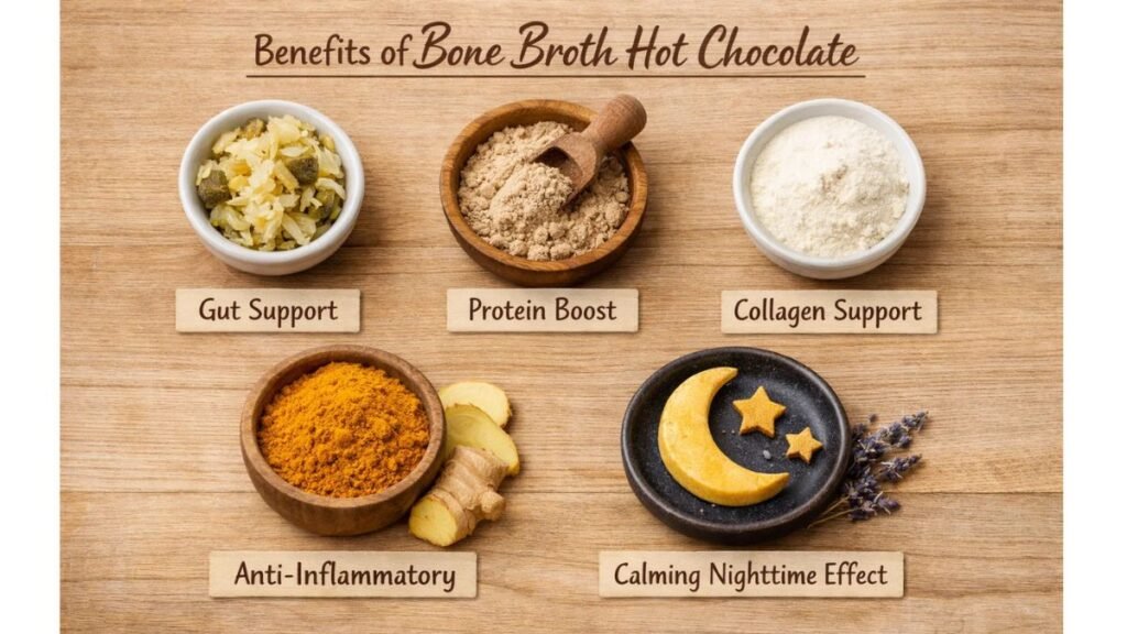 “Infographic of bone broth hot chocolate benefits: gut support, protein boost, collagen, anti-inflammatory, and sleep aid.”