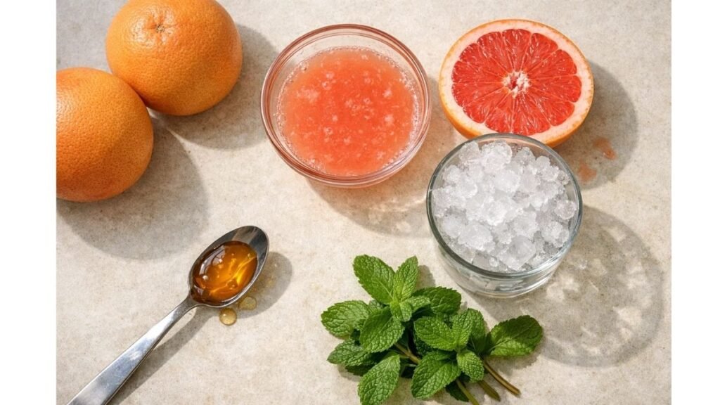 ingredients for fresh grapefruit crush recipe with grapefruit juice and ice