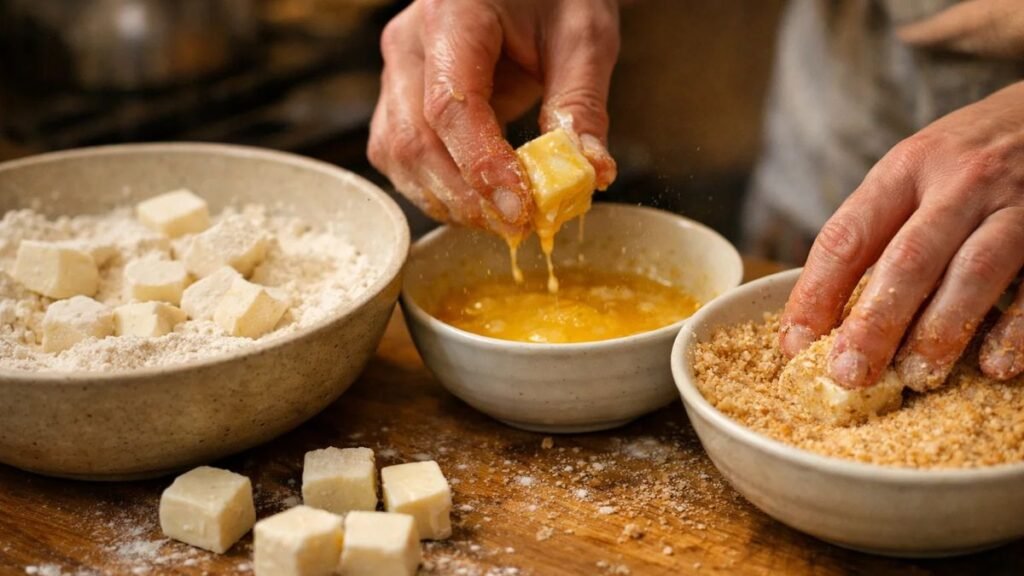 Breading mozzarella cheese cubes with flour, egg, and breadcrumbs