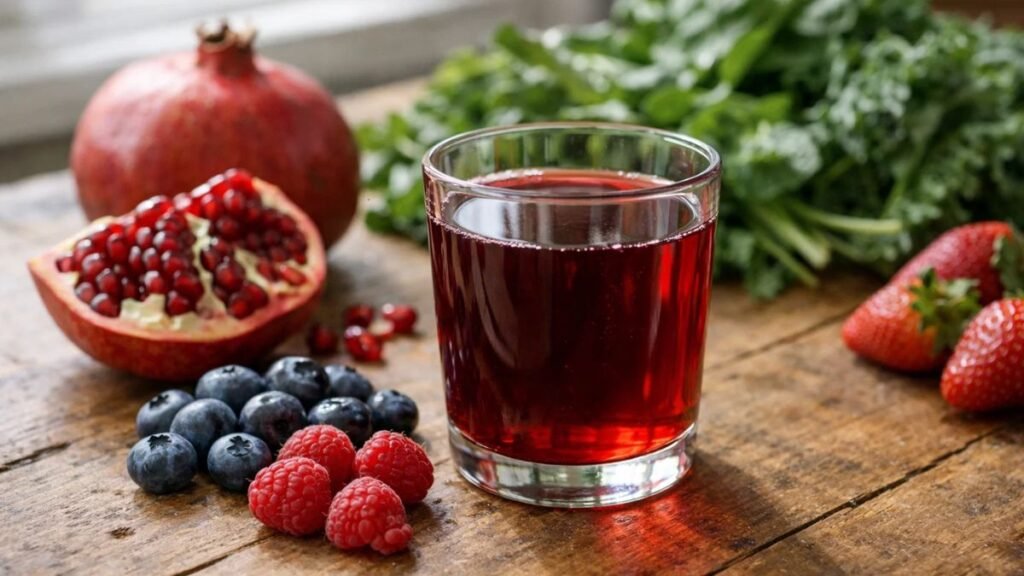 Antioxidant-rich pomegranate juice with fresh fruits and greens, supporting skin health and collagen protection.