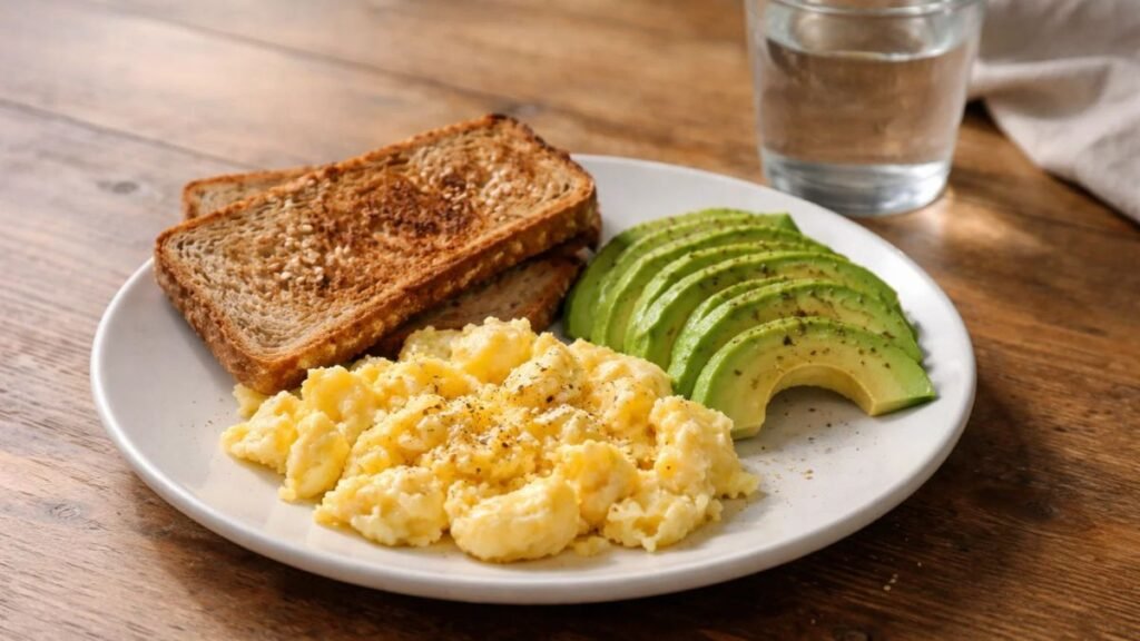 Balanced breakfast with eggs avocado and whole grain toast before gestational diabetes test
