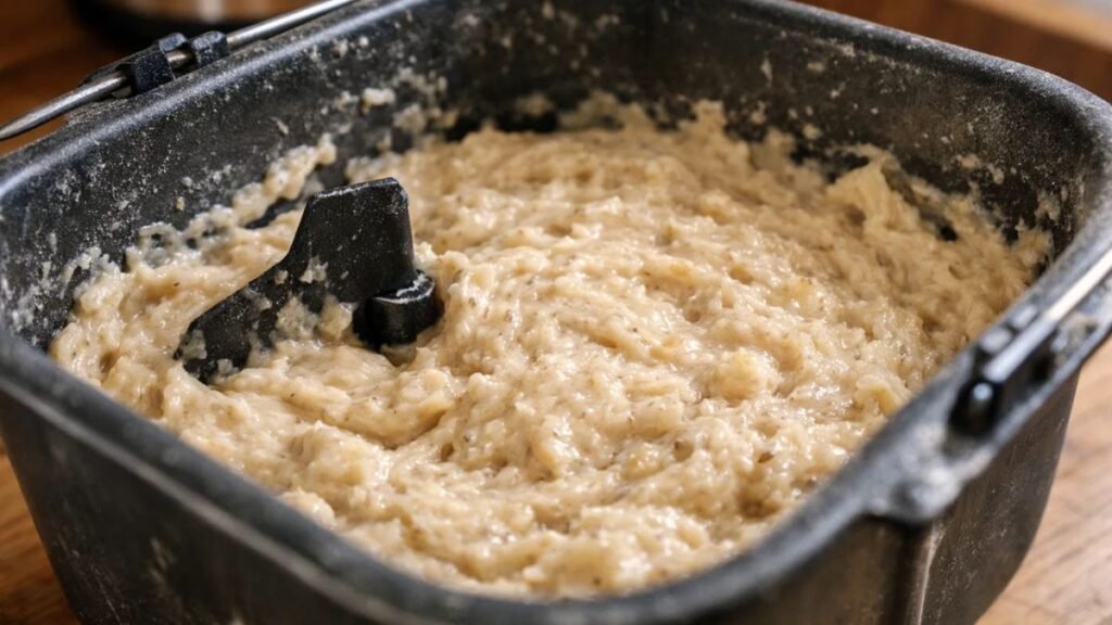 Banana bread batter inside bread machine pan showing correct thick consistency before baking