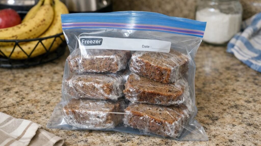 Banana bread slices wrapped for freezing to store moist bread machine banana bread for later
