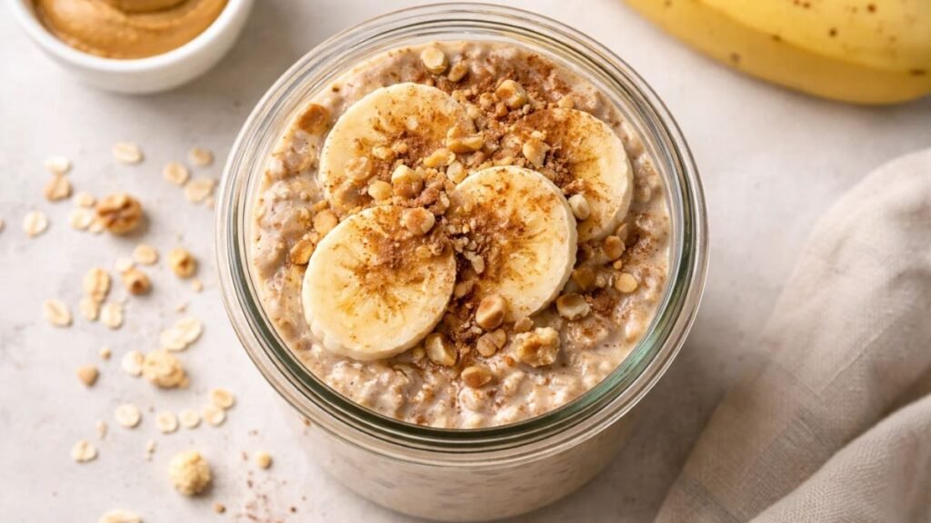 Banana peanut butter overnight oatmeal with cinnamon and nuts variation