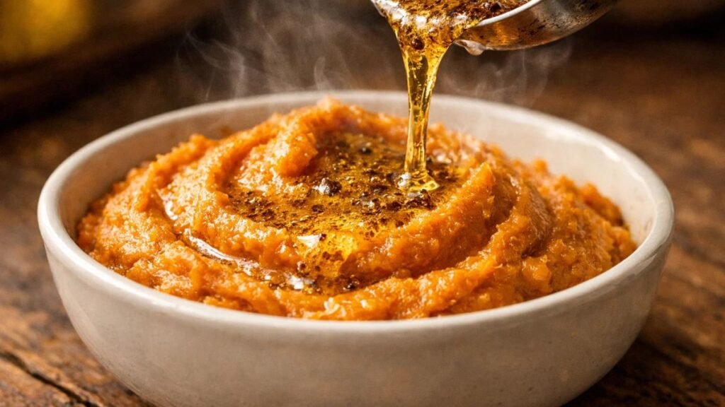Brown butter poured over creamy sweet potato puree creating rich variation