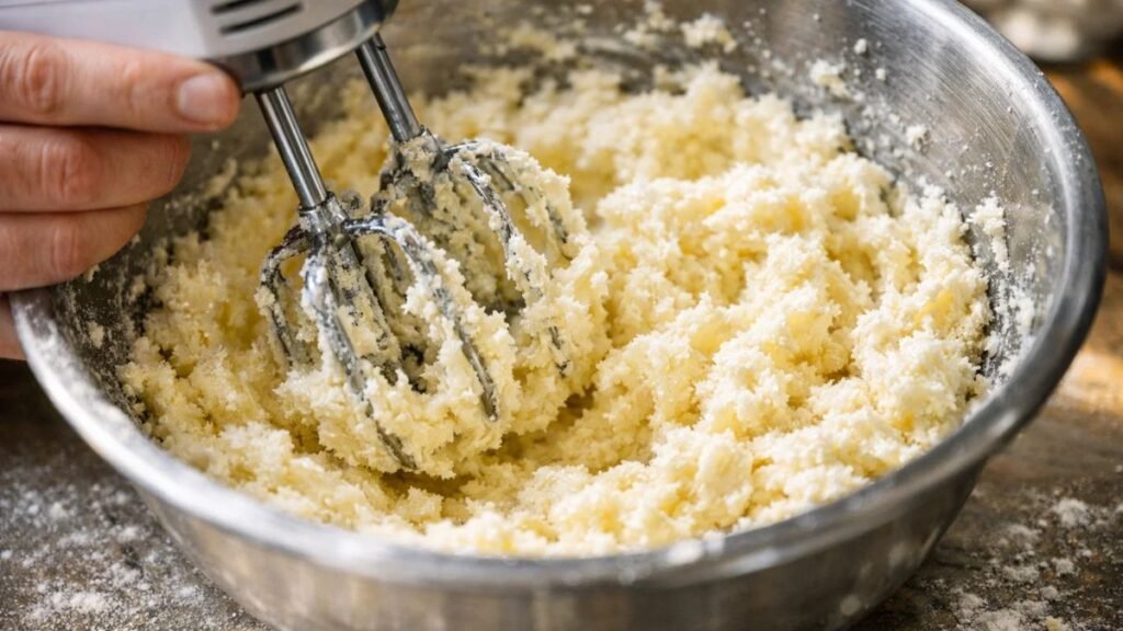Butter and sugar being creamed together in a mixing bowl to create fluffy vanilla cake batter texture
