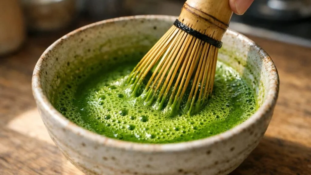 Ceremonial grade matcha being whisked showing natural caffeine tea for sustained energy boost