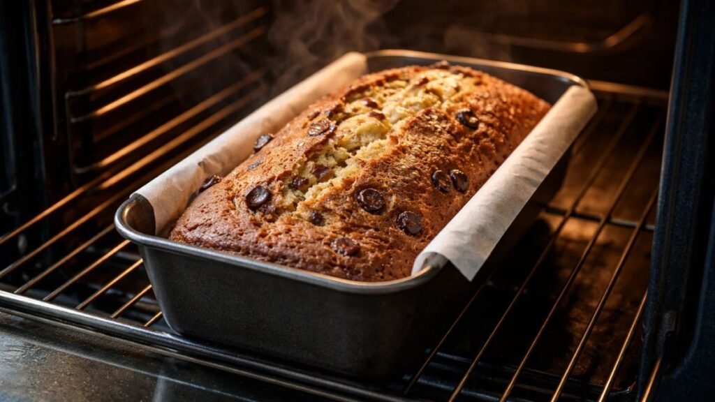 Chocolate chip banana bread baking in oven with golden cracked top