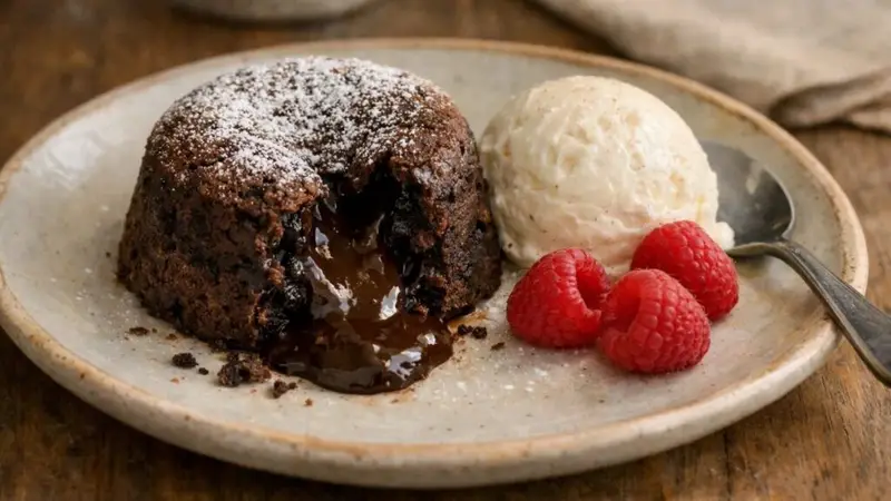 Chocolate lava cake served warm with vanilla ice cream and fresh raspberries on a plate