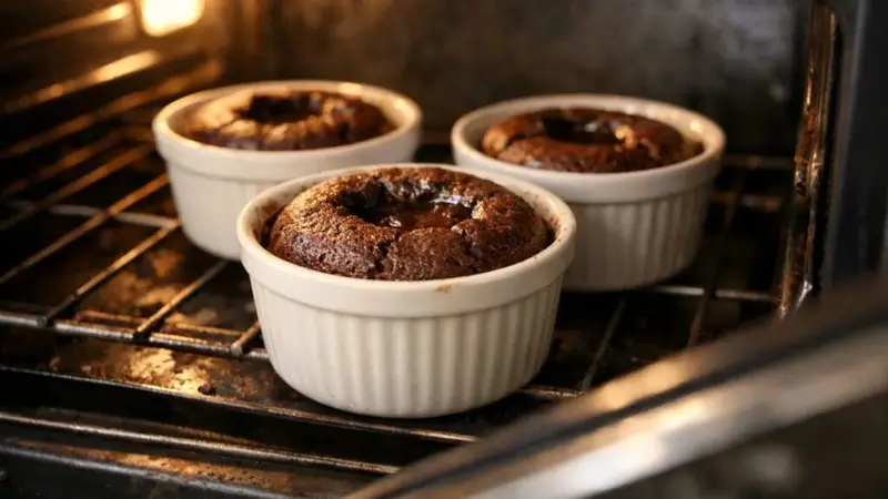 Chocolate lava cakes baking in ramekins in a home oven with set edges and soft centers
