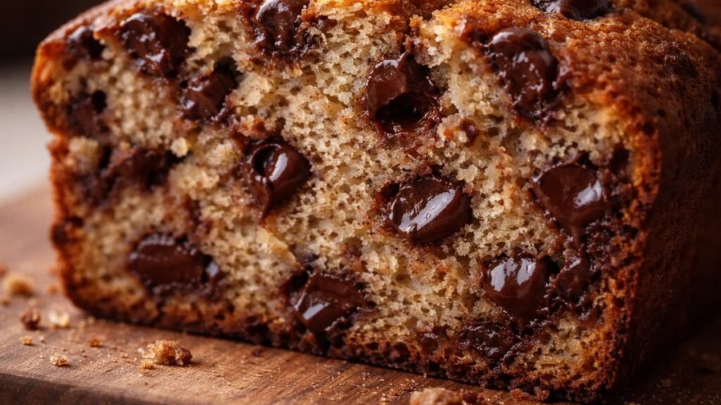Close-up of moist chocolate chip banana bread slice with melted chocolate chips