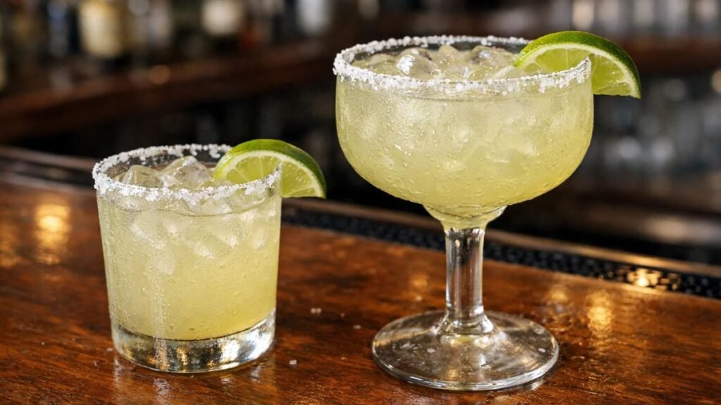 Comparison of small 8-ounce margarita and large 16-ounce restaurant margarita showing portion size difference and potential calorie increase.