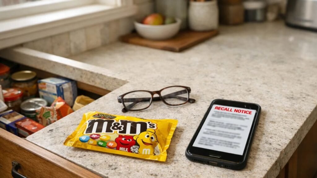 Consumer checking M&M packaging and lot numbers after recall announcement