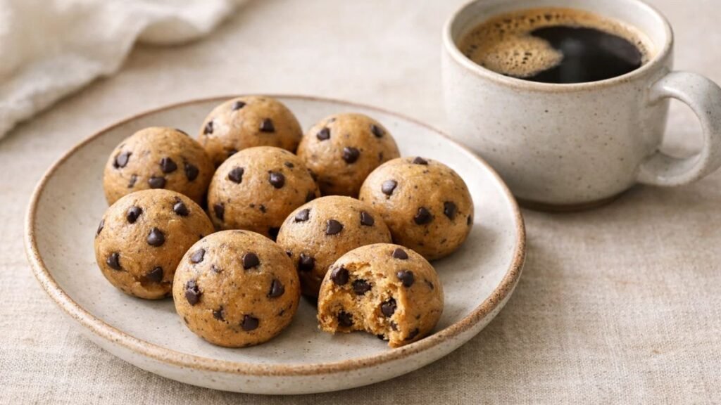 Cookie dough protein balls served as a healthy snack with coffee