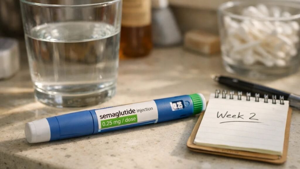 Close-up DSLR image of semaglutide injection pen during week two of treatment for weight loss, showing early stage GLP-1 medication use