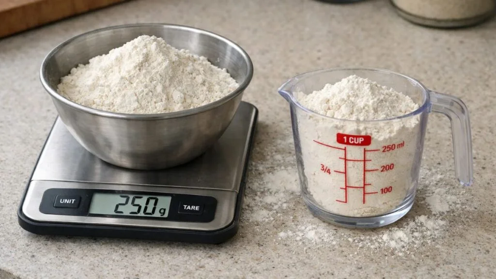 Digital kitchen scale measuring flour in grams beside measuring cup showing volume vs weight difference in baking