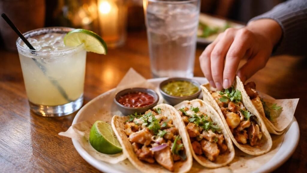 Dinner table with margarita, water, and protein-rich tacos showing balanced approach to National Margarita Day celebration.