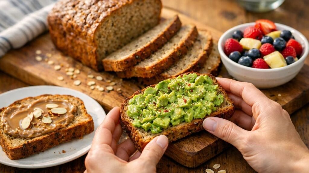 Sliced homemade Ezekiel bread served with avocado toast, nut butter, and fresh fruit, highlighting a healthy sprouted grain meal.