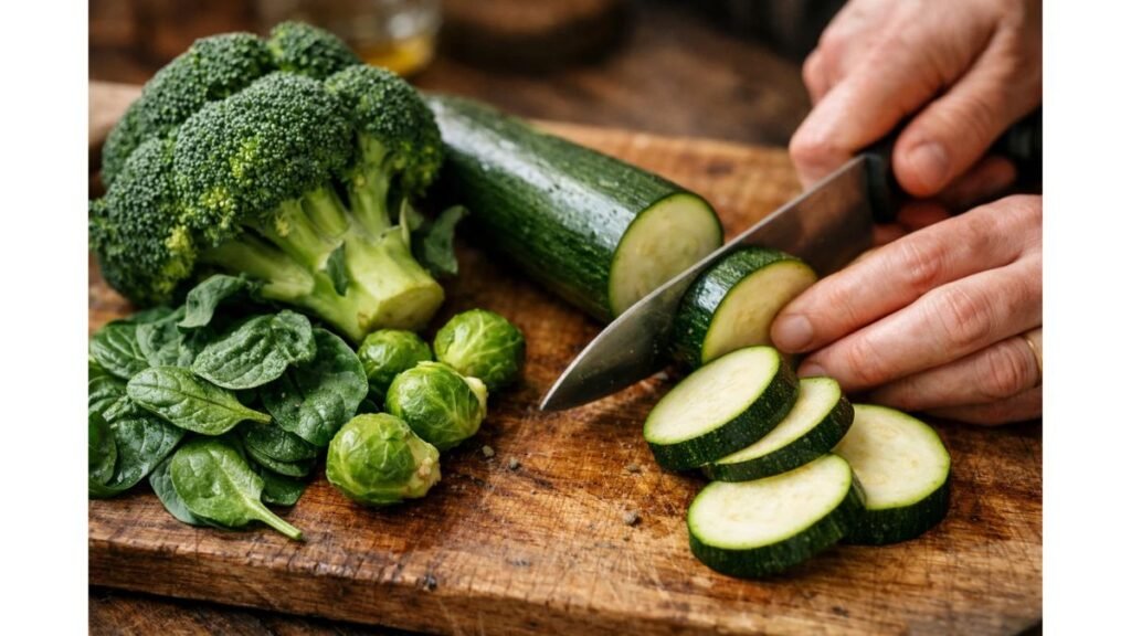 Fiber-rich vegetables for GLP-1 diet including broccoli, spinach, zucchini and Brussels sprouts