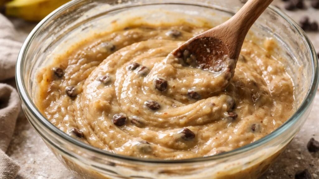 Folding chocolate chip banana bread batter in a bowl using a wooden spoon