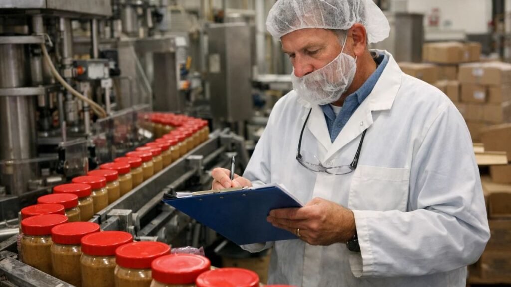 Food safety inspector reviewing peanut butter production records during FDA recall investigation