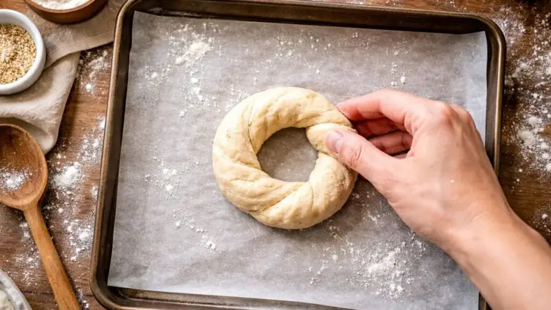 Forming homemade high protein bagel shape on parchment paper baking sheet