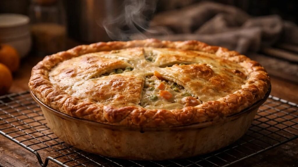 Freshly baked chicken pot pie with golden crust cooling on rack after baking.