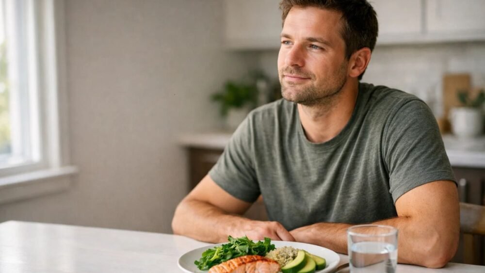GLP-1 diet plan balanced plate with salmon, quinoa, vegetables and avocado for sustainable weight loss and better satiety
