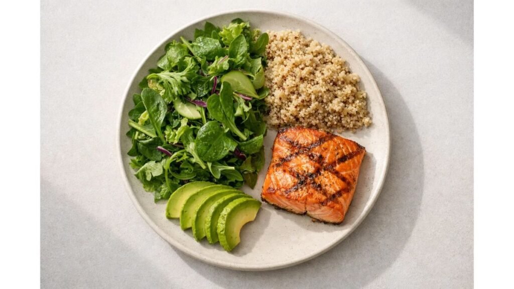 GLP-1 plate method example with vegetables, salmon and quinoa showing portion balance