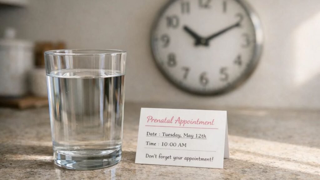 Glass of water and morning clock before pregnancy glucose test appointment