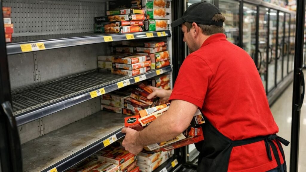 Grocery store employee removing frozen chicken fried rice packages from freezer aisle during food recall.