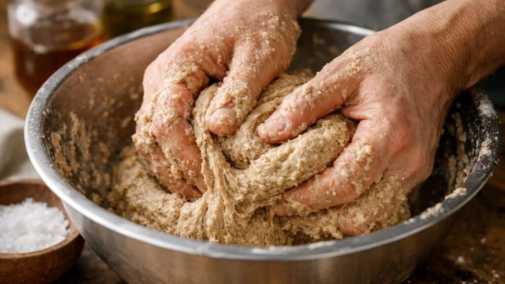 Hands kneading sprouted whole-grain dough for Ezekiel bread in a large mixing bowl, showing texture and elasticity.
