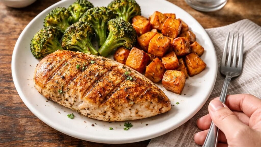 High protein GLP-1 diet meal with grilled chicken, broccoli and sweet potato for muscle preservation and satiety